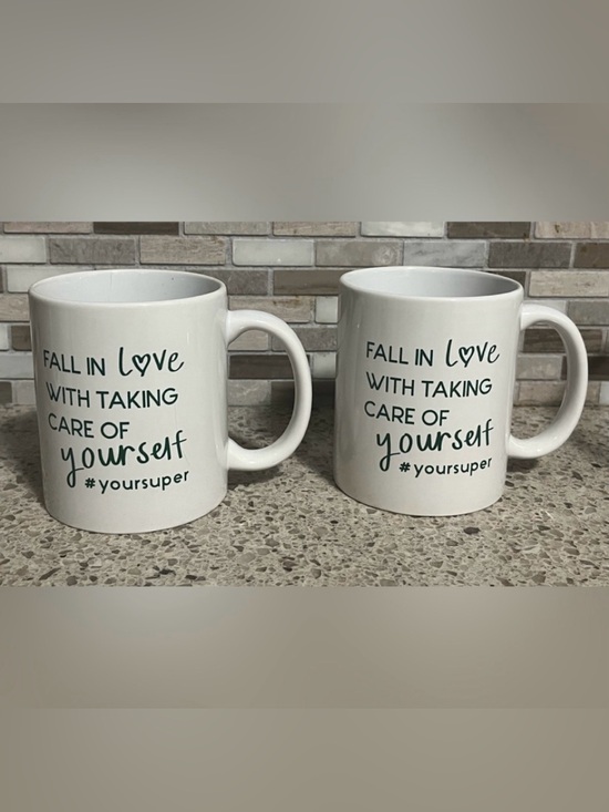 #yoursuper Other - White Ceramic Mugs, lot of 2, ‘YourSuper’ brand, Green Inspirational Quote, NWOT